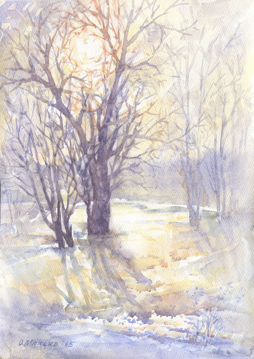 Morning light Snowscape Winter watercolor White grey painting by Olha Malko
