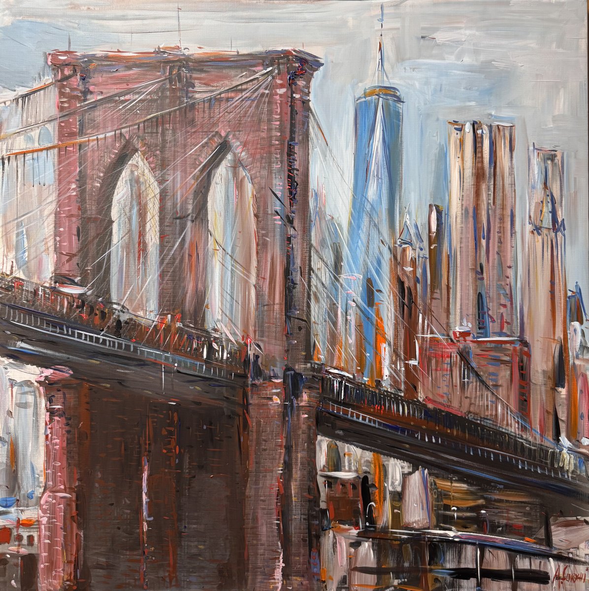 Impressionistic Cityscapes Acrylic Painting By Altin Furxhi, 35 X 35, Brooklyn Bridge, Original Artwork