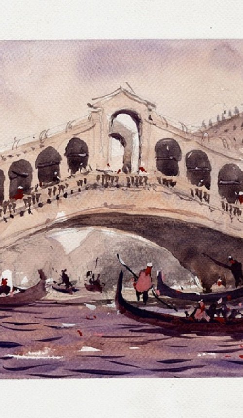 Gondola passes under Rialto Bridge. by Marin Victor