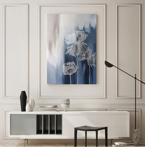 "Thinness 4" Abstract navy silver flowers art