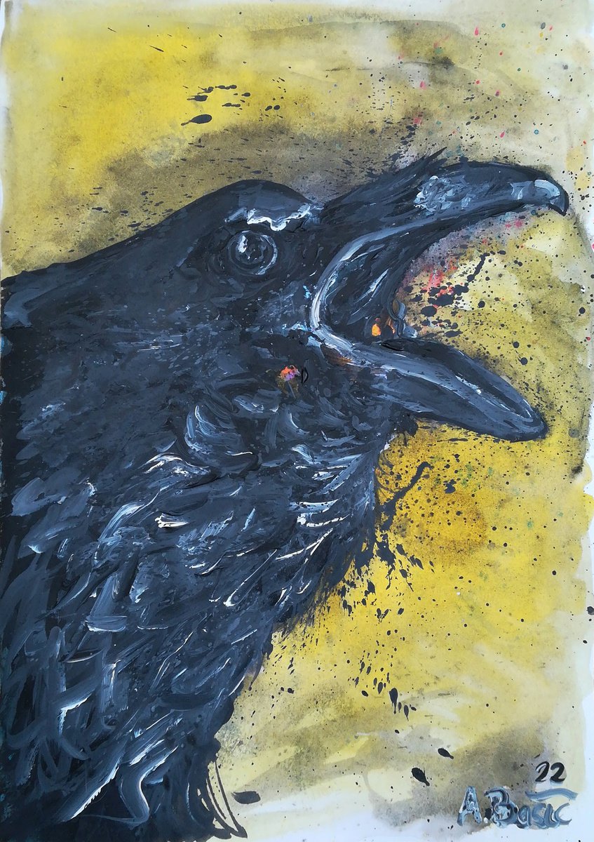 Expressive Animal Acrylic Painting By Aleksandar Basic, 12 X 17, Raven Close Up, Original Artwork