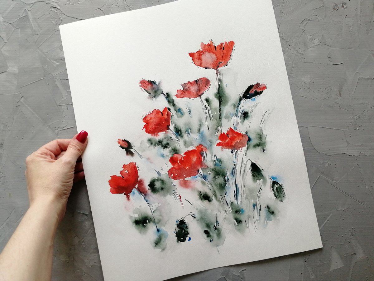 Red poppy painting. Wildflowers by Marina Zhukova