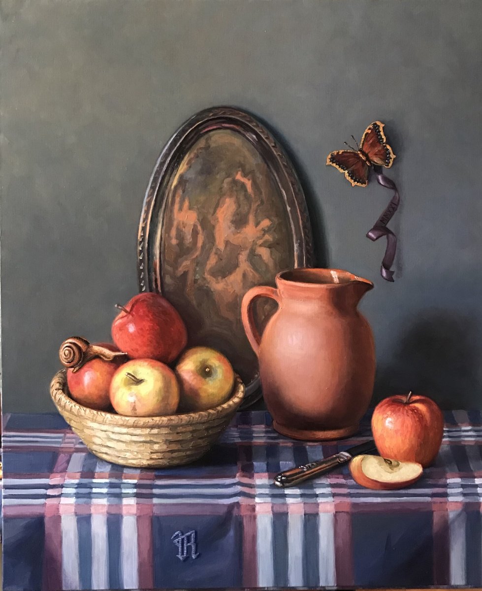 Still Life Oil Painting By Yana Rikusha, 20 X 24", Apple Mood, Original Artwork