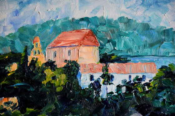 Greece island seascape large oil painting on canvas, monastery on mountain, coastal home decor