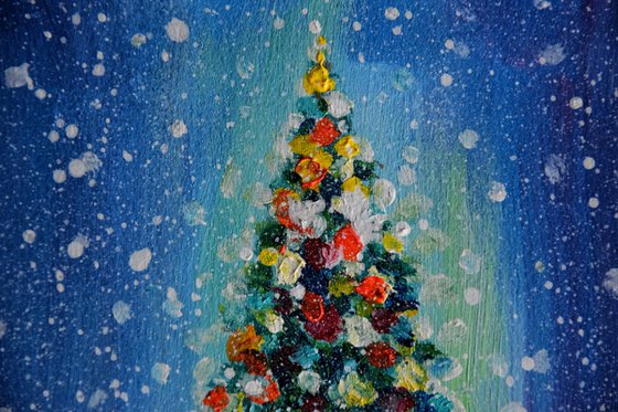 Christmas tree original acrylic painting, New Year pine tree picture, winter snow landscape