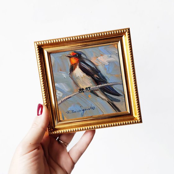 Swallow bird on branch ORIGINAL painting small art framed , Bird Portrait, Oil Painting 4x4, Small Wall Decor