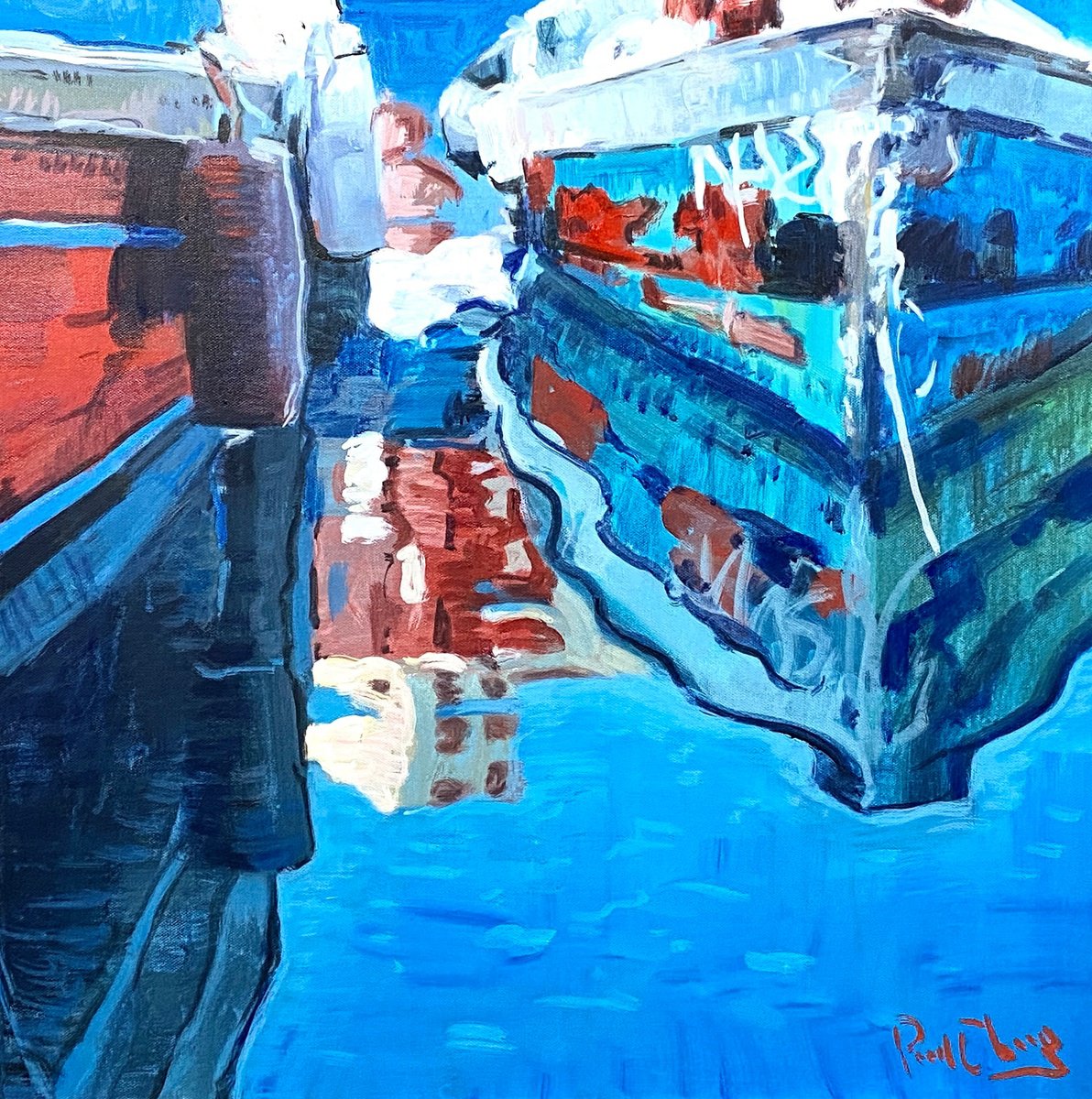 Impressionistic Cityscapes Acrylic Painting By Paul Cheng, 24 X 24", Cinque Terre Boats Abstract, Original Artwork