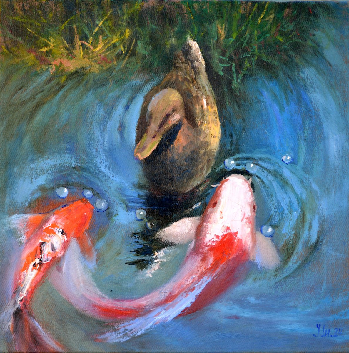 Impressionistic Animal Oil Painting By Elena Lukina, 14 X 14, Meeting On The Pond, Original Artwork