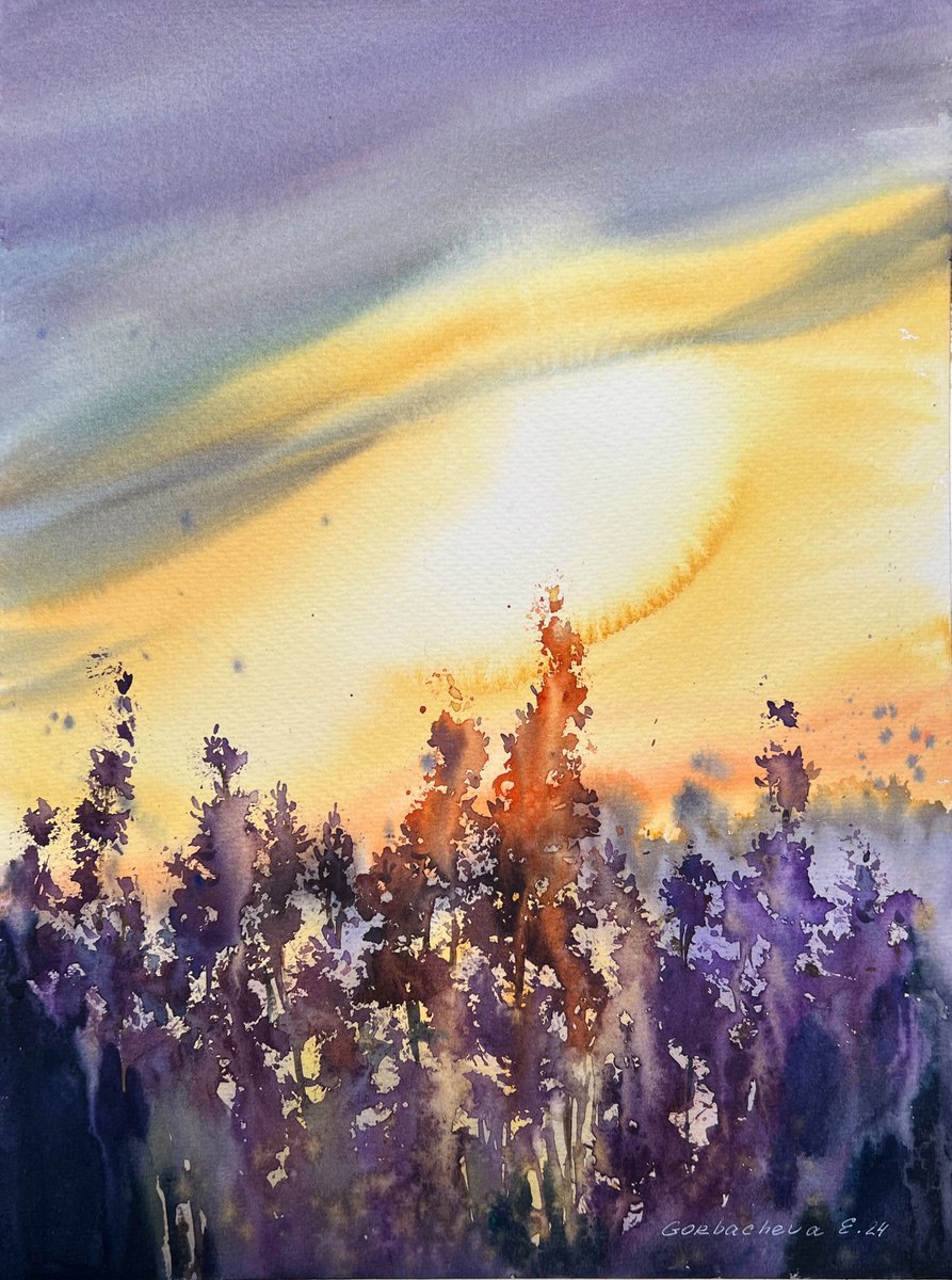 Impressionistic Landscape Watercolour By Eugenia Gorbacheva, 12 X 16, Lavender Sunset, Original Artwork