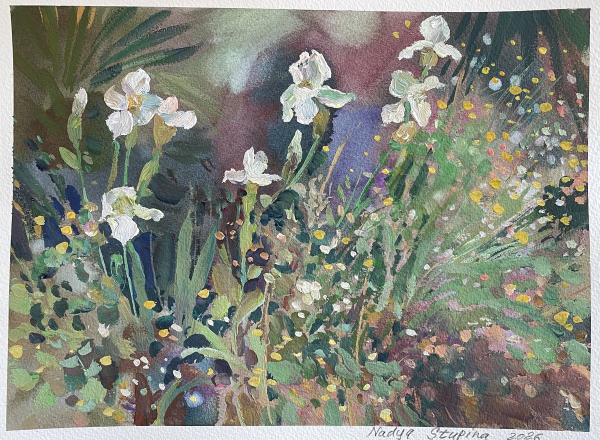 Impressionistic Painting , Irises In The Garden By Nadezda Stupina, 12 X 9, Artwork For Sale On Artfinder