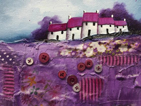 Terrace on purple patchwork Field Textured Landscape