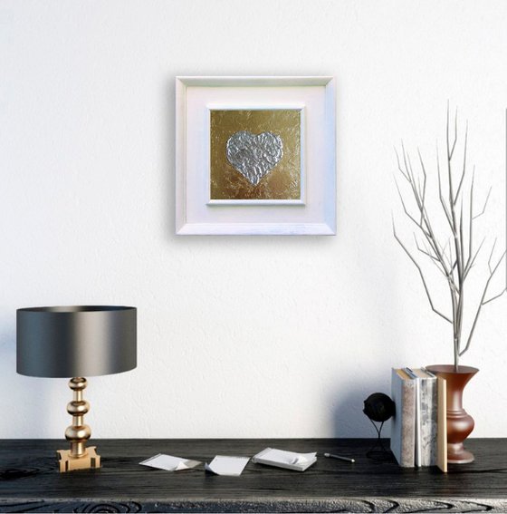 Silver Heart Painting Original Art Gold Leaf Artwork Impasto Mini Wall Art