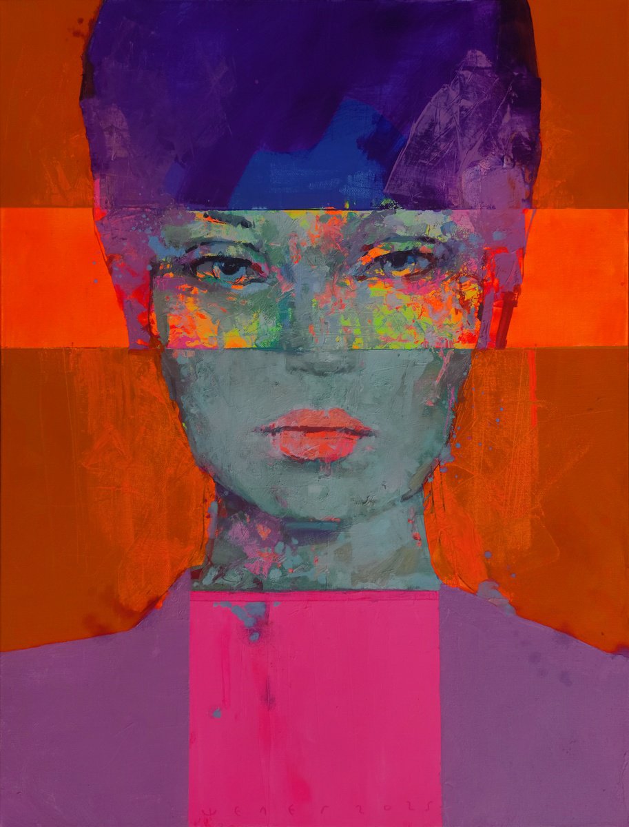 Urban And Pop Portrait Oil Painting By Victor Sheleg, 24 X 31", Orange Glow, Original Artwork