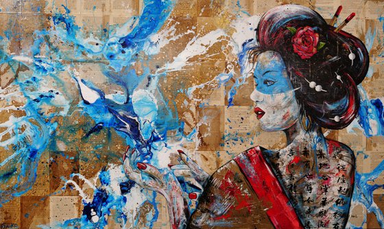 Akai Mizu 200cm x 120cm Geisha Book Page Abstract Realism Art