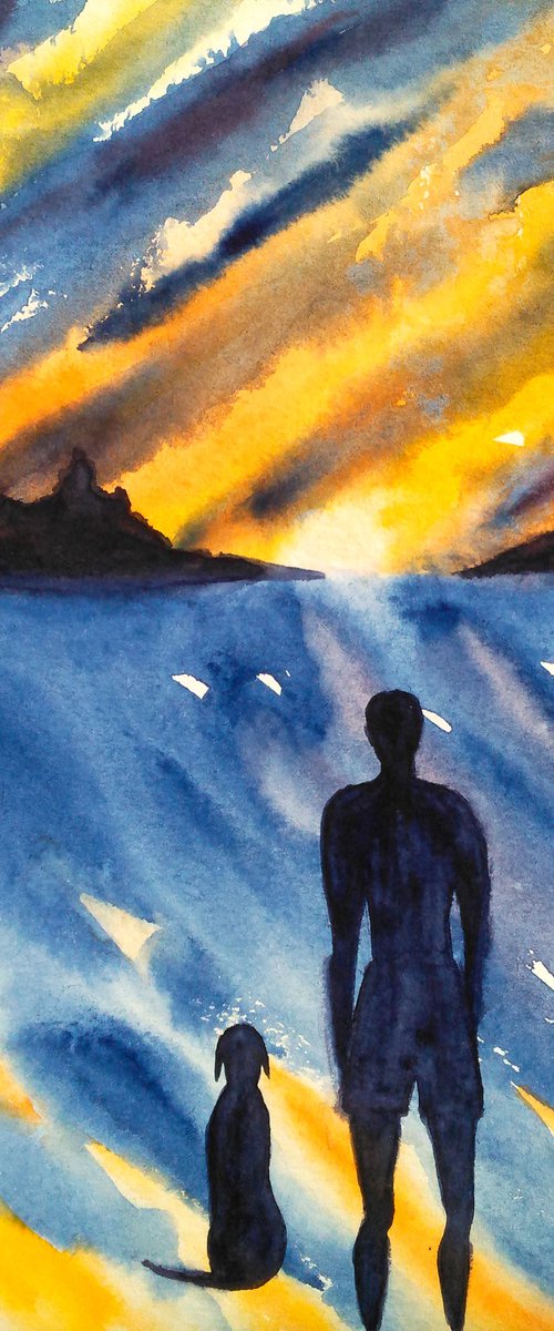 Man and Dog Painting Seascape Original Art Beach Dog Walker Watercolor Artwork Small Home Wall Art 8 by 12" by Halyna Kirichenko by Halyna Kirichenko