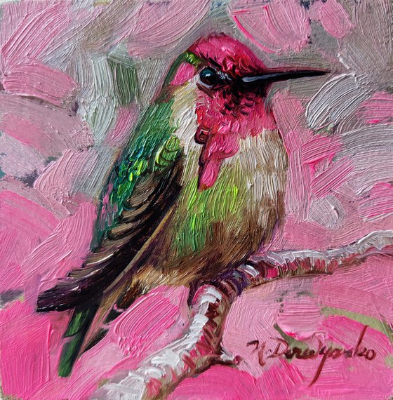 Tiny art Hummingbird painting original 4x4, Pink artwork bird lover gift, Nurse best friend gift