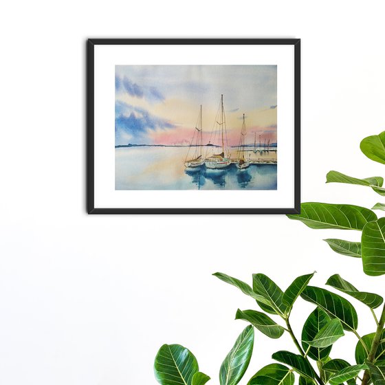 Boats in sunset artwork, watercolor illustration