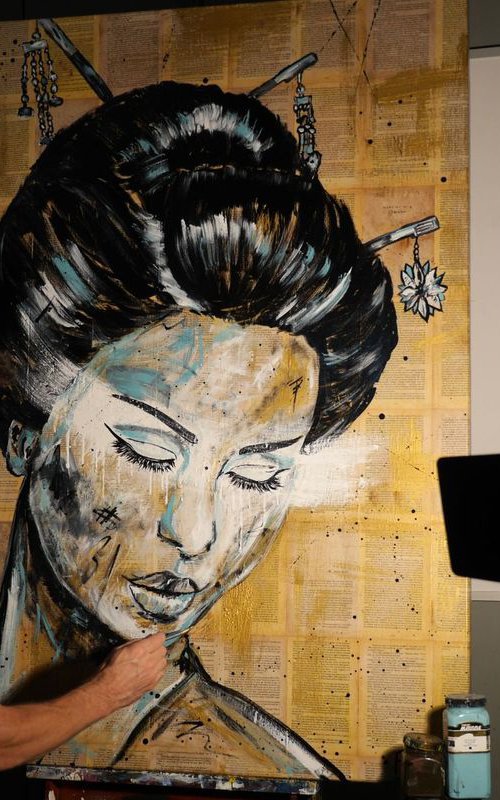 Geisha Blu Court Huge 140cm x 100cm Urban Pop Art Book Club painting Memoires of a Geisha ARRIVES READY TO HANG by Franko