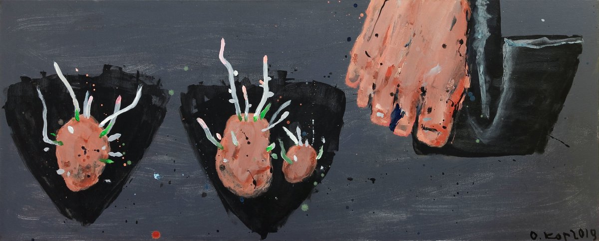 Expressive Abstract Acrylic Painting By Oleksandr Korol, 45 X 18", Potato, Leg, Shovel, Original Artwork