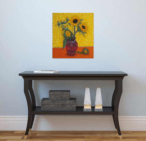 Sunflowers in a Red Vase