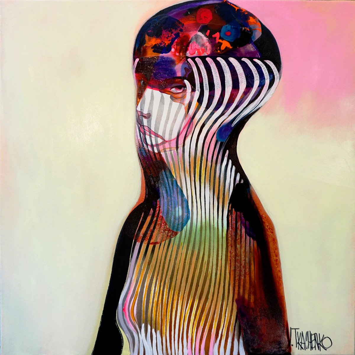 Organic Portrait Acrylic Painting By Victor Tkachenko, 24 X 24", Armored, Original Artwork