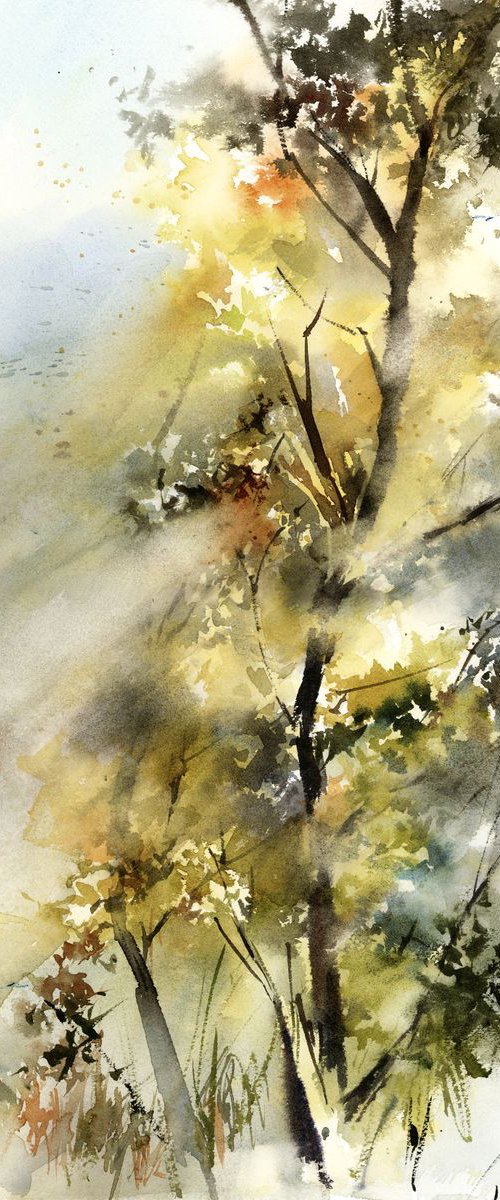 Light through the tree Watercolor Painting by Sophie Rodionov