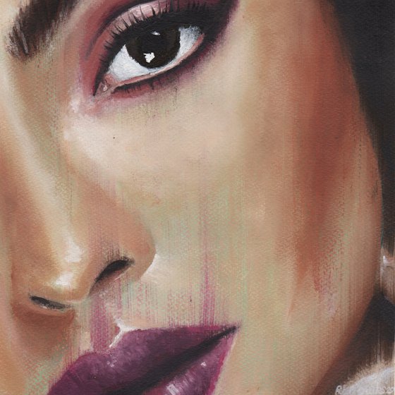 Ariana - beauty oil painting of women female on paper dark red tones makeup closeup