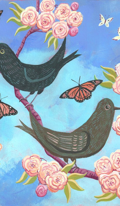 Blackbirds and Blossom by Mary Stubberfield