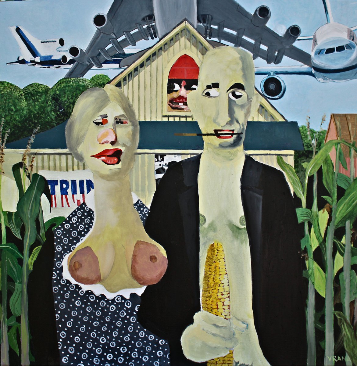 Surrealistic Portrait Oil Painting By Ken Vrana, 24 X 24", Home Of The Big Cob, Original Artwork
