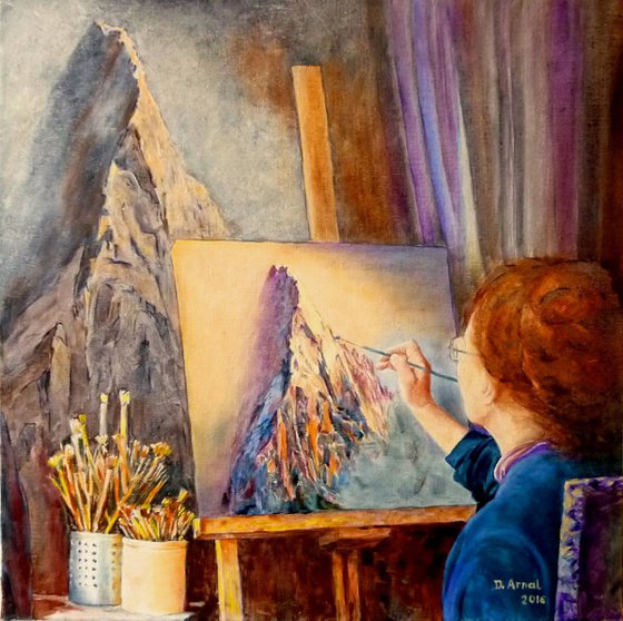 painting in front of the mountain