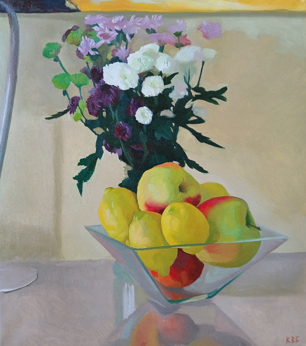 Impressionistic Still Life Oil Painting By Vasyl Koval, 18 X 20", Flowers And Fruit, Original Artwork