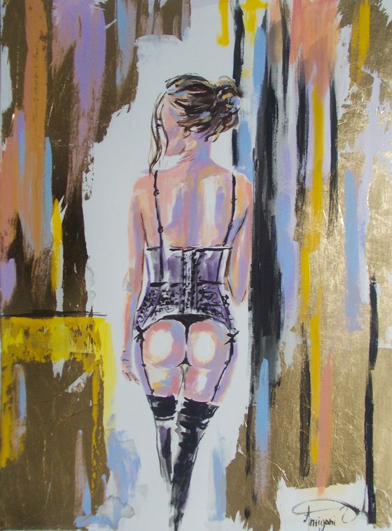 Monika III -Mixed Media Nude Woman  Painting on Paper