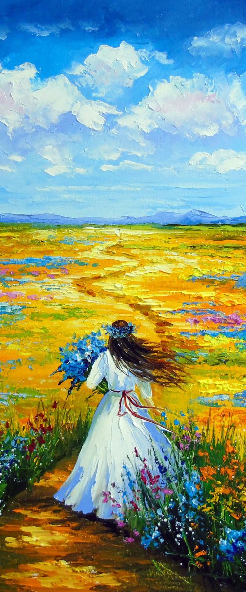 Woman Walking Through a Flower Field by Olha Darchuk