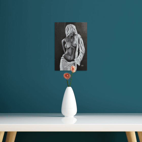 In the hood, nude erotic gestural oil painting, gift, black and white painting