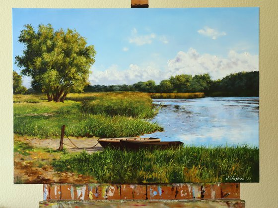 Old wooden boats on the river bank, Serene Summer Landscape