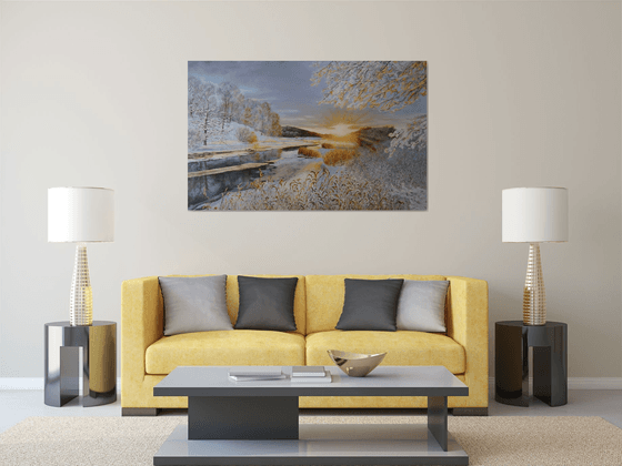 Winter River at Sunset Glow