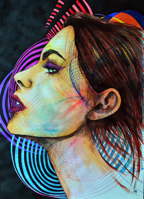 Fulfilled Girl - Vibrations Mixed Media Original Modern Portrait Art Painting