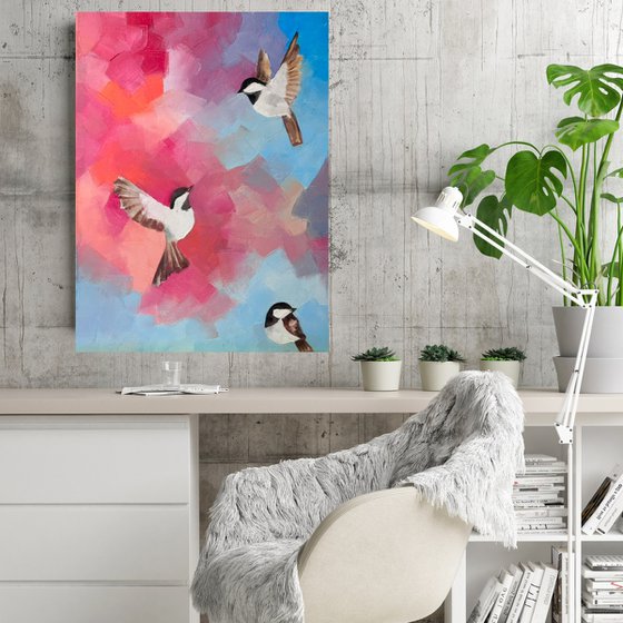 Abstract blooming garden with birds