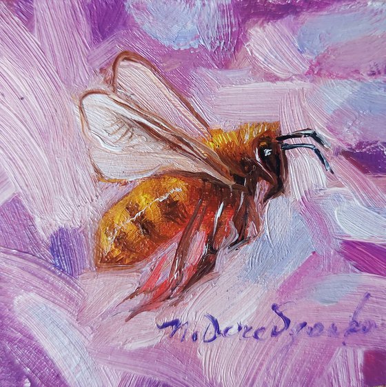 Bee artwork framed oil painting original 2x2, Mini Bee painting oil light purple, Honey bee wall art decor miniature