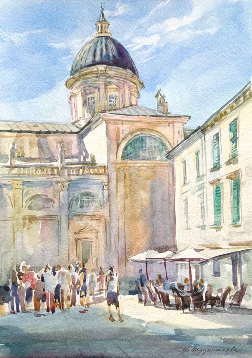 Dubrovnik. Square in front of the Cathedral. Watercolour by Marina Trushnikova. Cityscape. by Marina Trushnikova