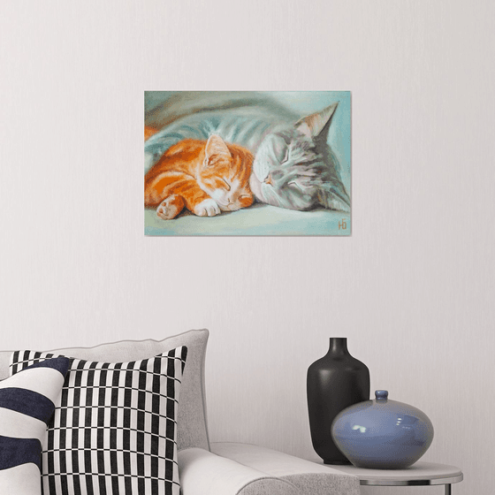 Sleeping Cat With Tawny Kitten Original Oil Painting Pet Portrait Animalism. 50x35 cm, ready to hang