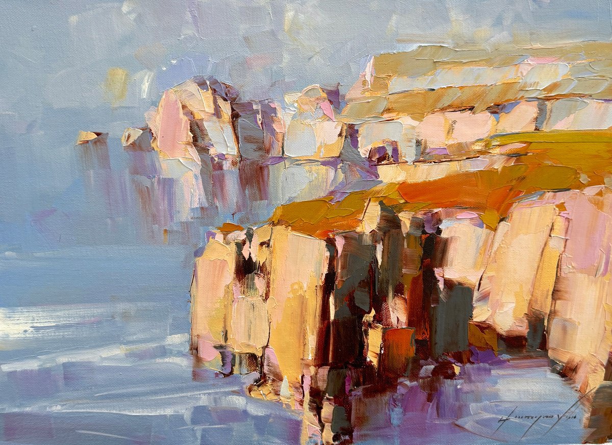 Impressionistic Landscape Oil Painting By Vahe Yeremyan, 17 X 12", Bay Cliffs, Original Artwork