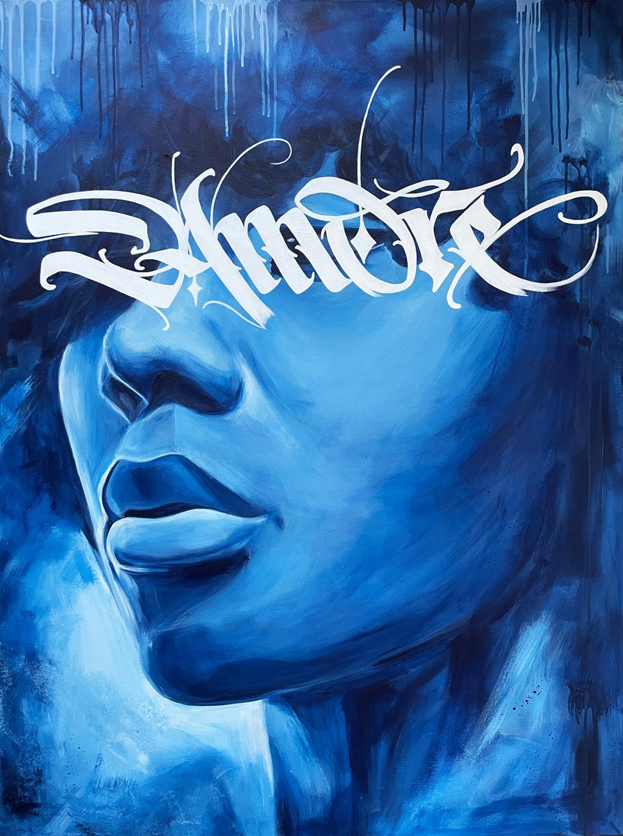 Portrait Acrylic Painting By Elina Zelena, 35 X 47, Blue Portrait Of A Girl, Original Artwork