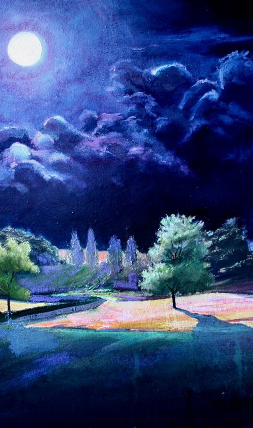 The Serious Moonlight. Landscape, Tree, Moon, Oil Painting. by Simon Jones