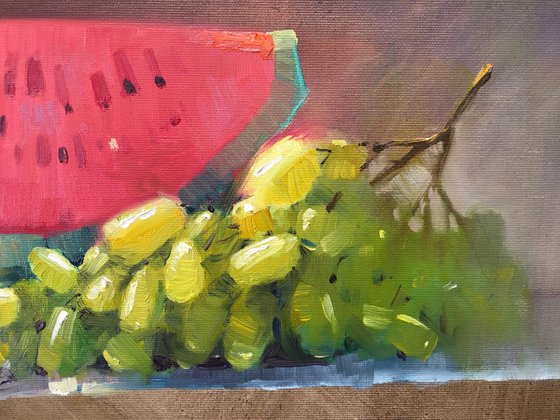 Still life with grapes and watermelon