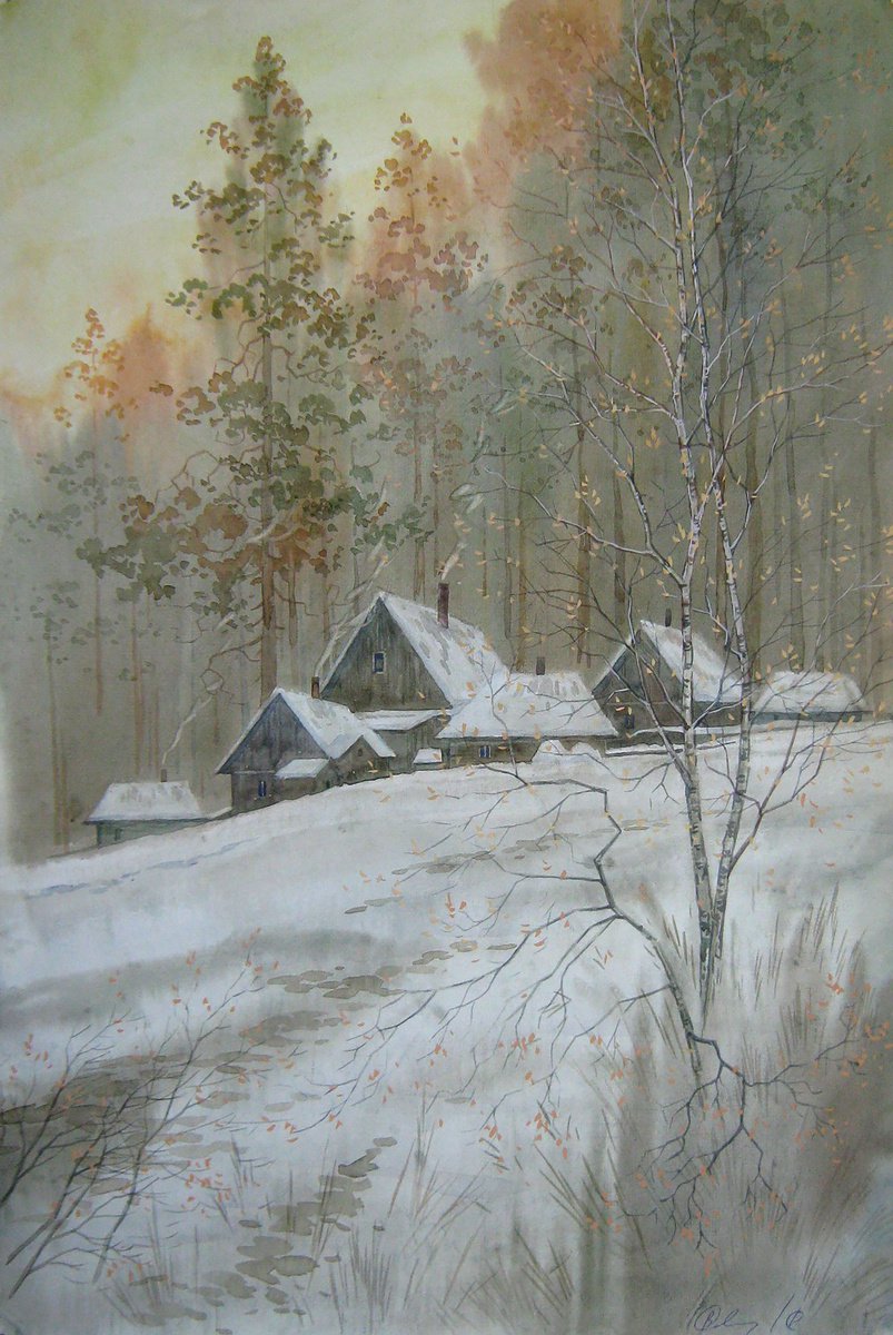 Impressionistic Landscape Watercolour By Valeriy Savenets-1, 16 X 24", February Evening, Original Artwork