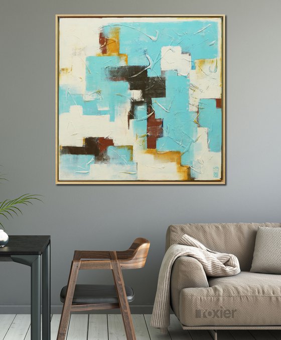 Abstract Painting - White and Turquoise Art - With frame 28J