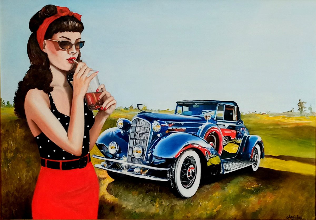 Photorealistic Portrait Oil Painting By Anna Rita Angiolelli, 28 X 20, Pin Up With Vintage Car, Original Artwork