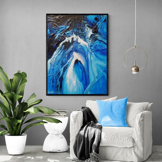 Midnight Blu 75cm x 100cm Blue White Textured Abstract Art