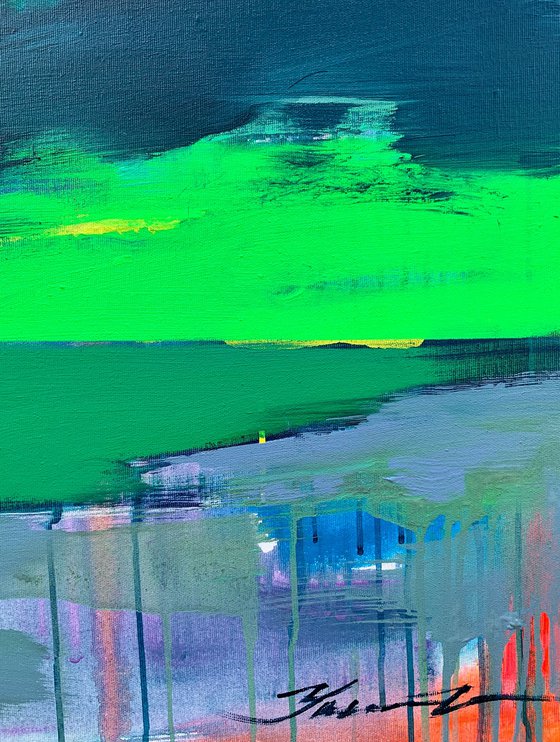 "Before the rain" - Expressionism - Minimalism - Seascape - Landscape - Dark blue - Bright green